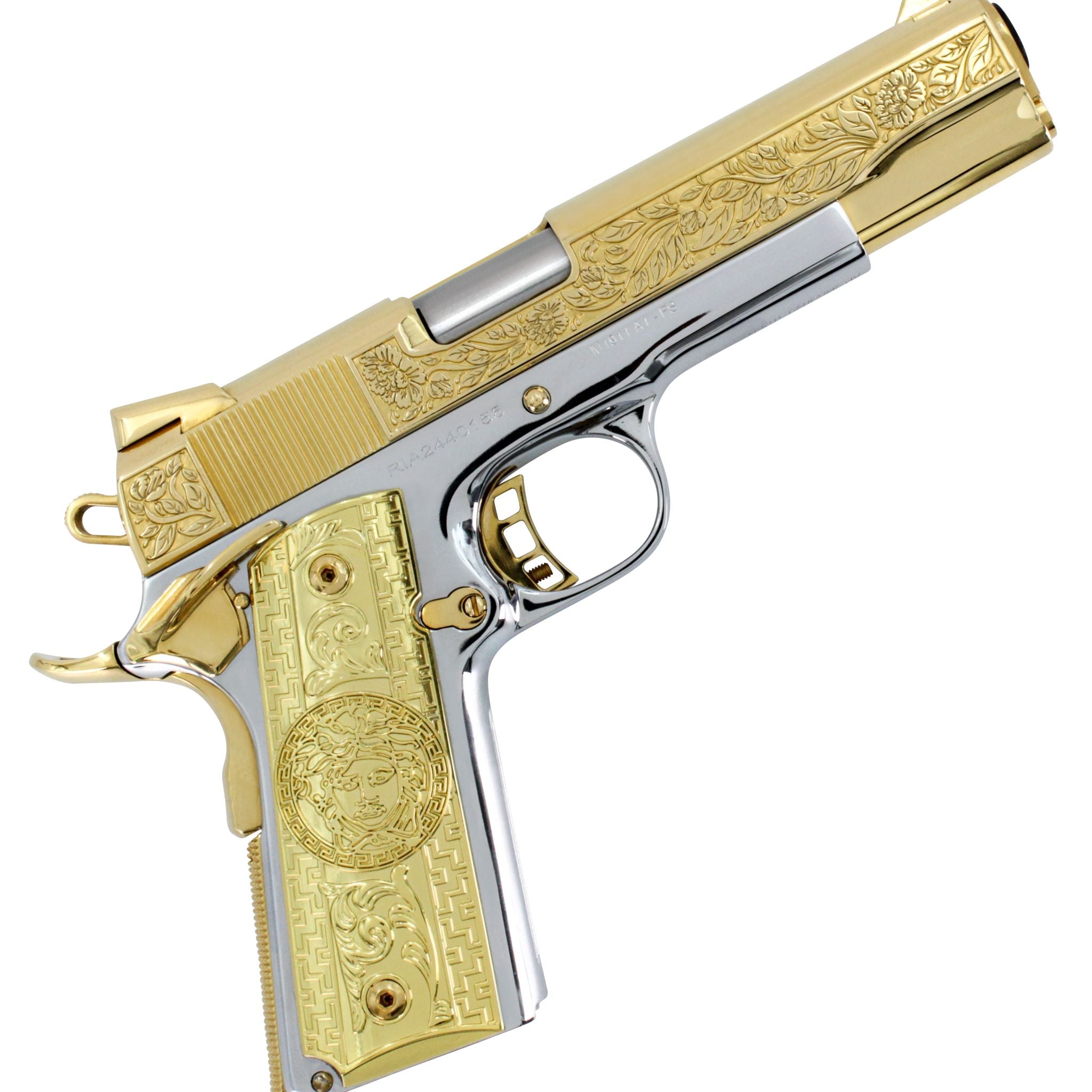 Rock Island 1911, 45 ACP, Italian Renaissance, 24K Gold Plated Slide & Accents with High Polished White Chrome Frame - Image 5