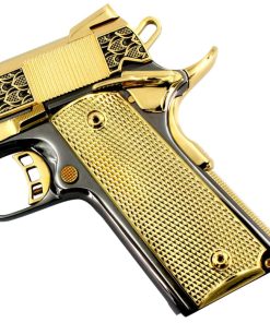 Alternative view of Rock Island Armory 1911-A1, 45ACP, Lotus Leaf Design, 24k Gold Plated Slide & Accents, with a Black Chrome Finished Frame
