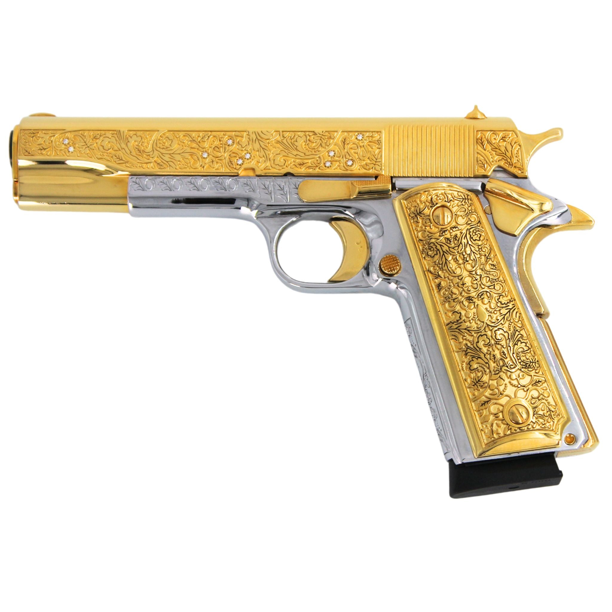 Rock Island 1911 Standard FS, 45 ACP, Vine and Berries with Diamonds, 24 karat Gold plated and High Polished White Chrome
