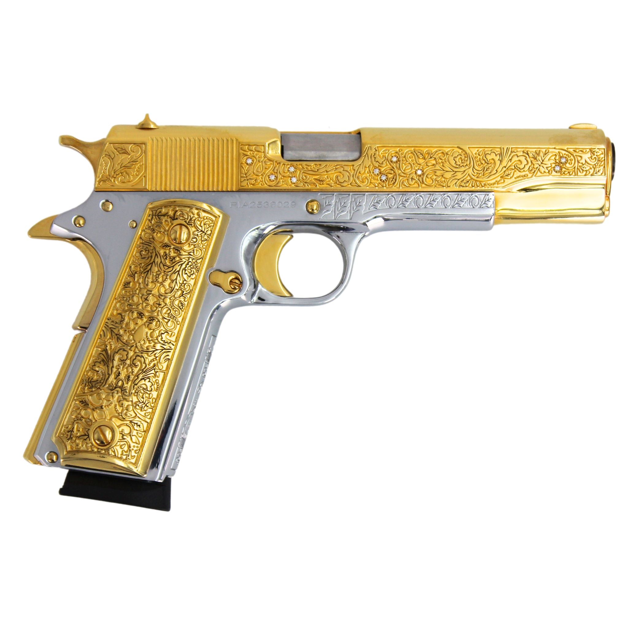 Rock Island 1911 Standard FS, 45 ACP, Vine and Berries with Diamonds, 24 karat Gold plated and High Polished White Chrome - Image 2