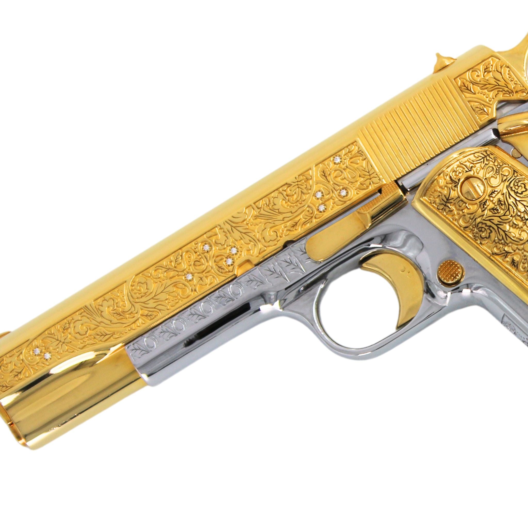 Rock Island 1911 Standard FS, 45 ACP, Vine and Berries with Diamonds, 24 karat Gold plated and High Polished White Chrome - Image 3