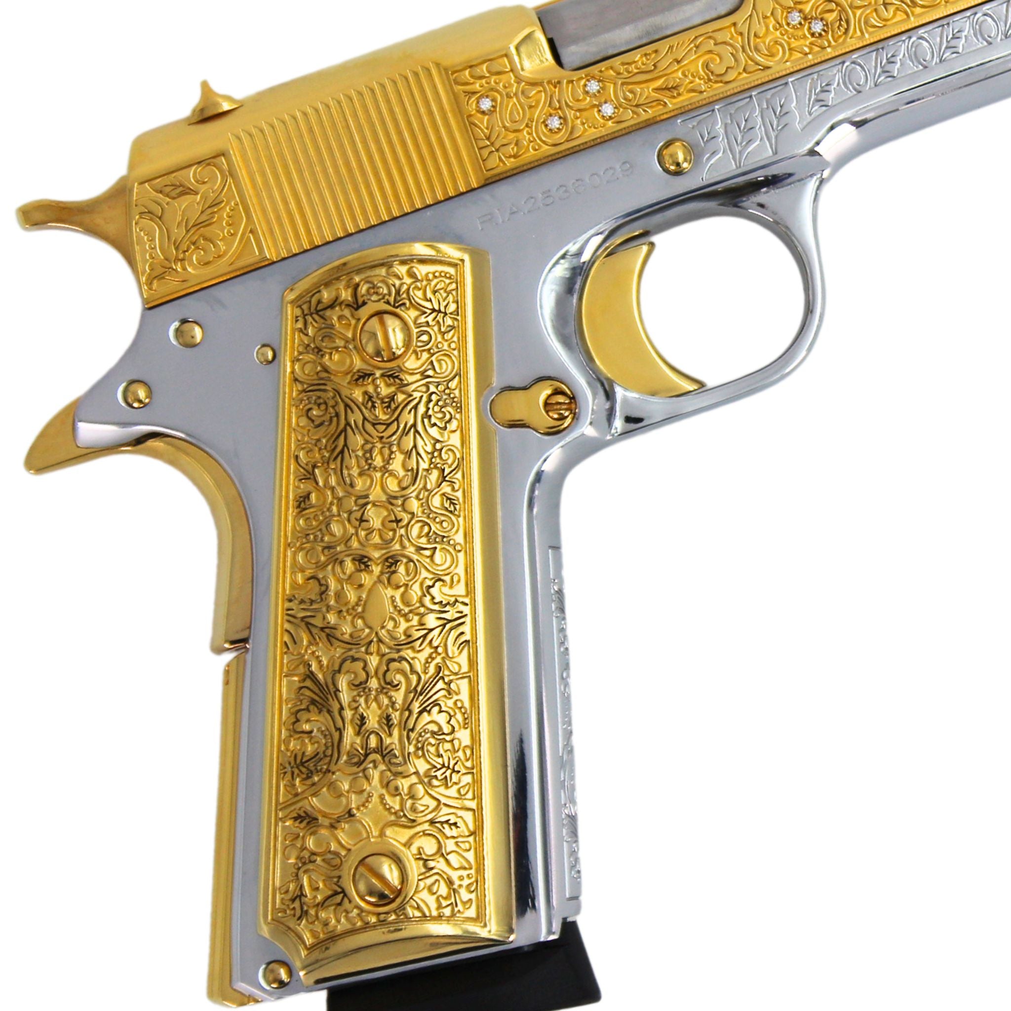 Rock Island 1911 Standard FS, 45 ACP, Vine and Berries with Diamonds, 24 karat Gold plated and High Polished White Chrome - Image 4