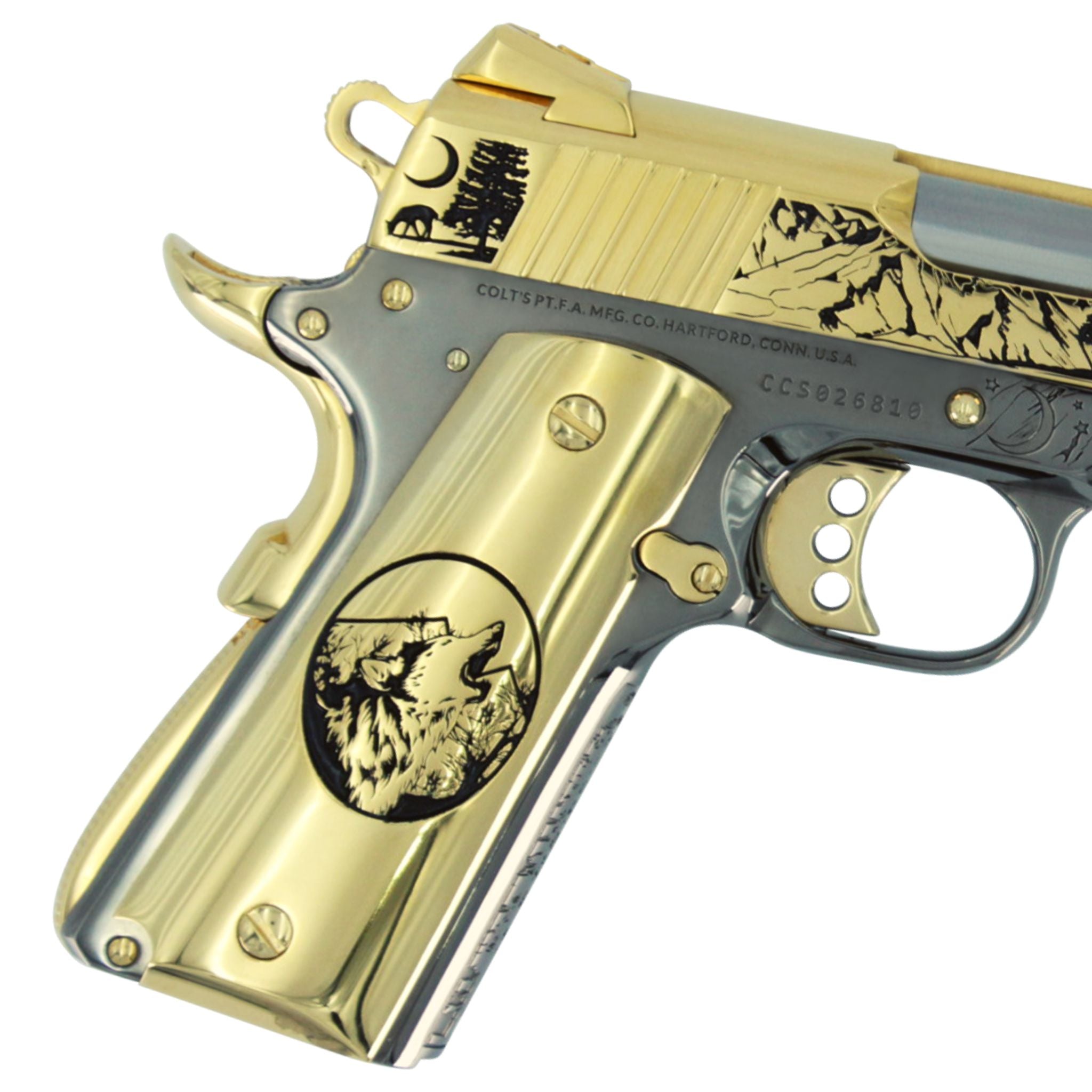 Colt 1911 Competition, 45ACP, Spirit of the Wolf, 24K Gold Slide with Black Chrome Frame - Image 3