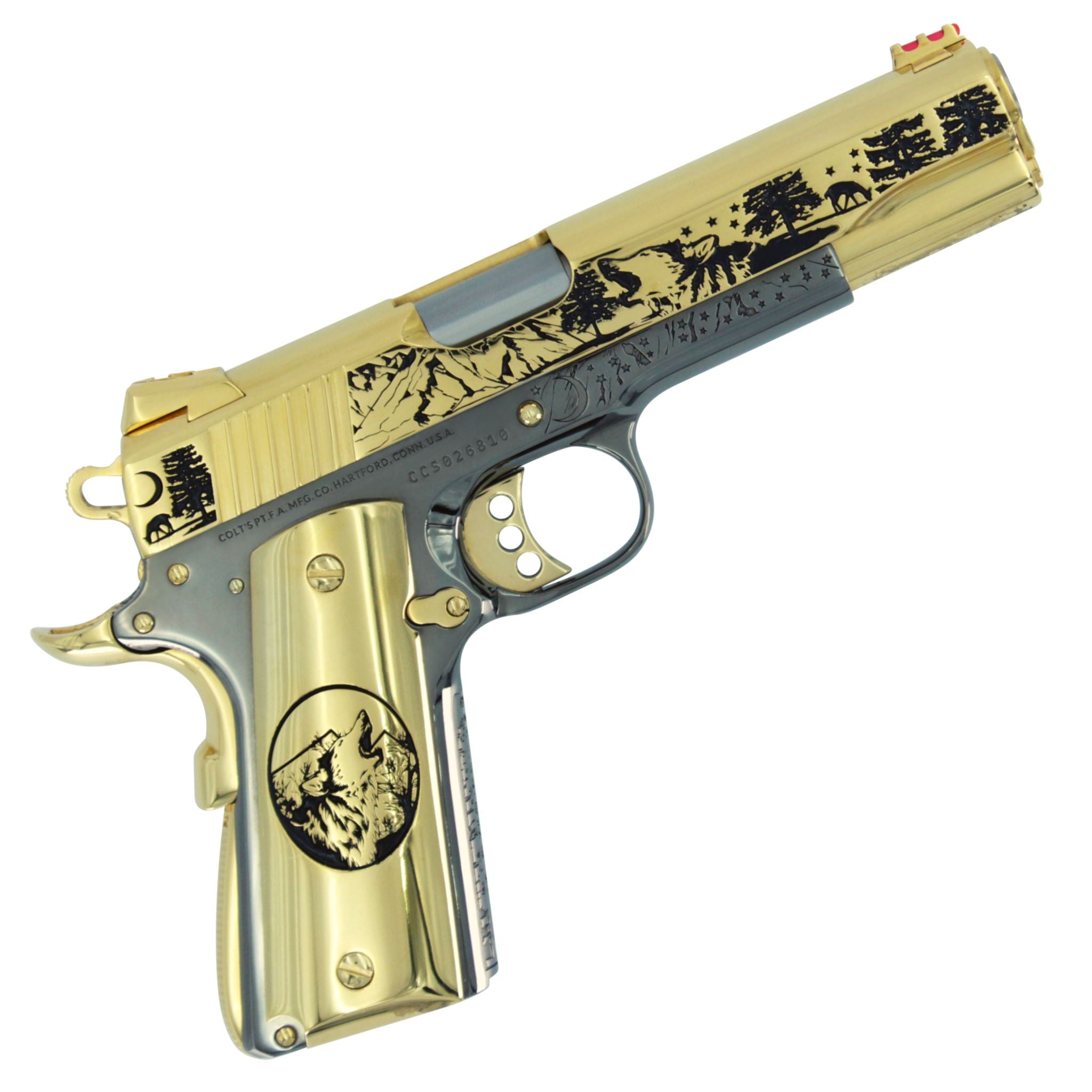 Colt 1911 Competition, 45ACP, Spirit of the Wolf, 24K Gold Slide with Black Chrome Frame - Image 4